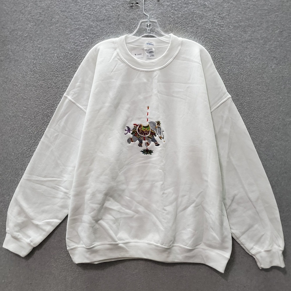 VINTAGE Carousel‎ Men Sweater 2XL White Embroidered Circus Elephant Heavy Blend